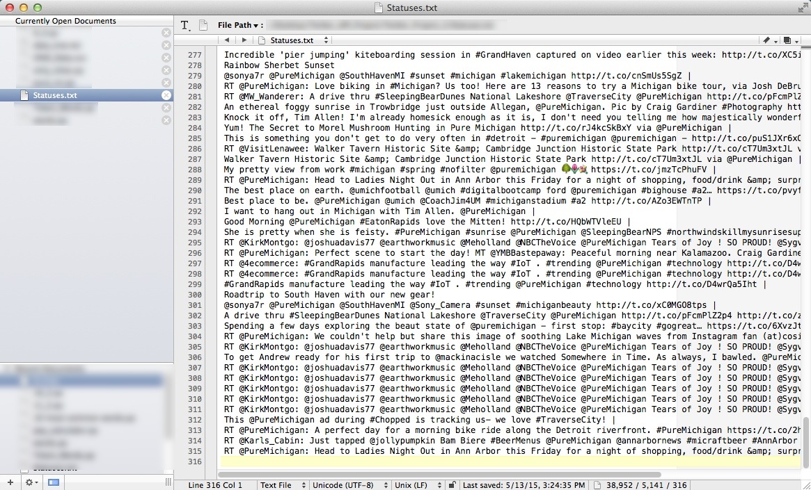 screenshot of statuses in a text file