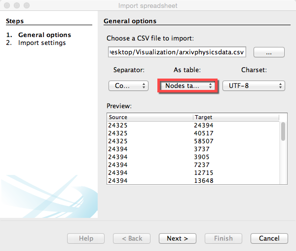 Nodes table from dropdown menu