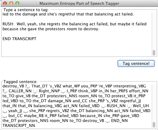 image of the output from the parts of speech tagger